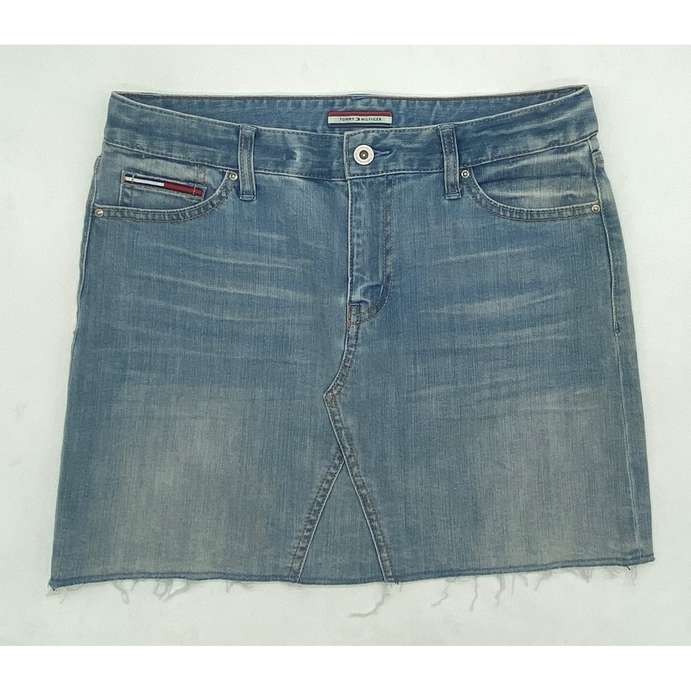 Tommy Hilfiger Womens Light Wash Denim Mini Skirt Raw Hem Blue Size 6 RM87679876
